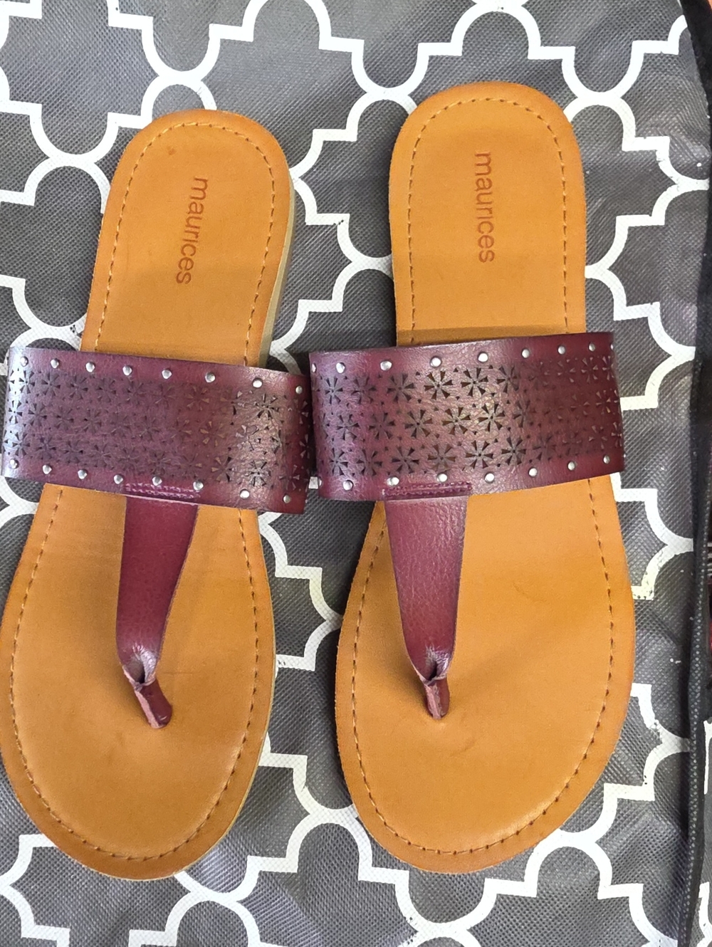 Maurices Burgundy and Tan Slide Toe-Post Sandals
